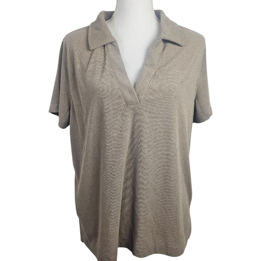 H&M Conscious Choice Beige Knit Polo Top V Neck Short Sleeve Large NWT